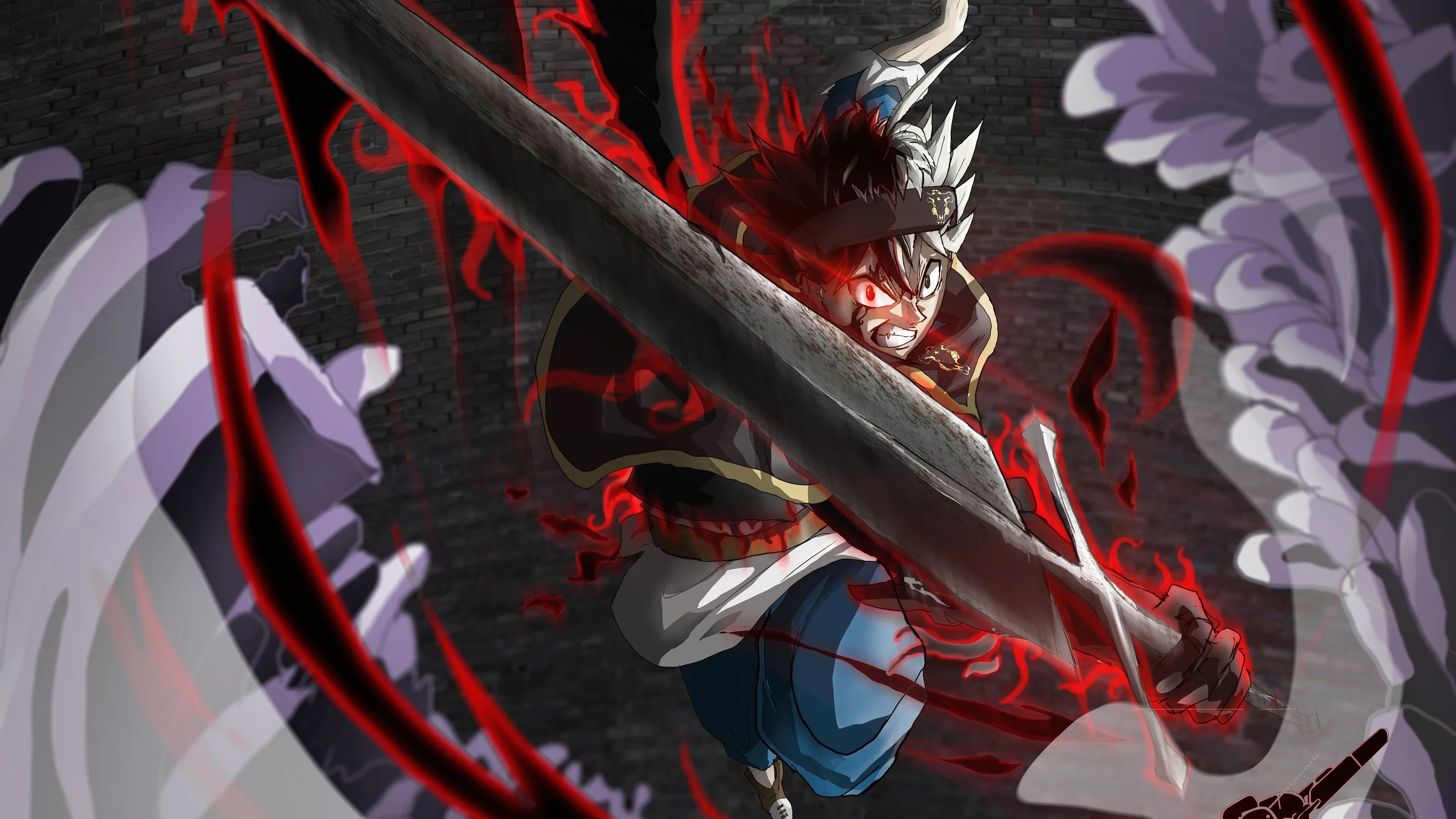 Horned devil Asta swings his greatsword diagonally through ribbons of red energy, the smoky off-white background keeping both upper corners pale and quiet.