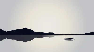 A rowing boat sits alone on glassy water beside the mirrored silhouette of a headland, the pale gradient sky above kept completely bare.