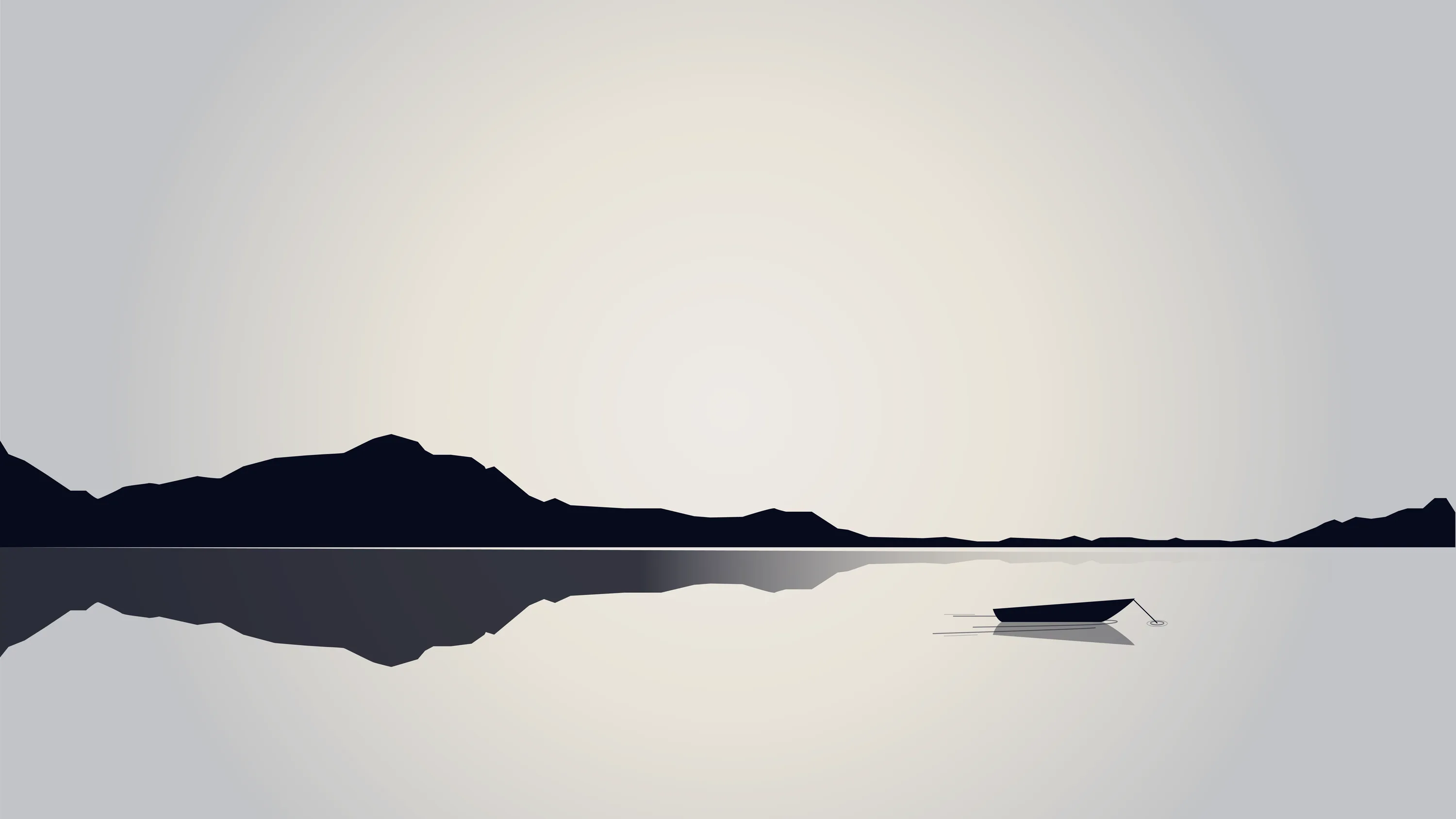 A rowing boat sits alone on glassy water beside the mirrored silhouette of a headland, the pale gradient sky above kept completely bare.