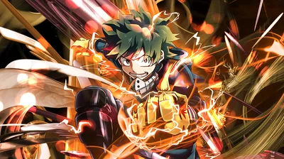 Izuku Midoriya snarls mid-attack, his gauntleted fist glowing yellow as orange lightning and debris whip around him in every direction.