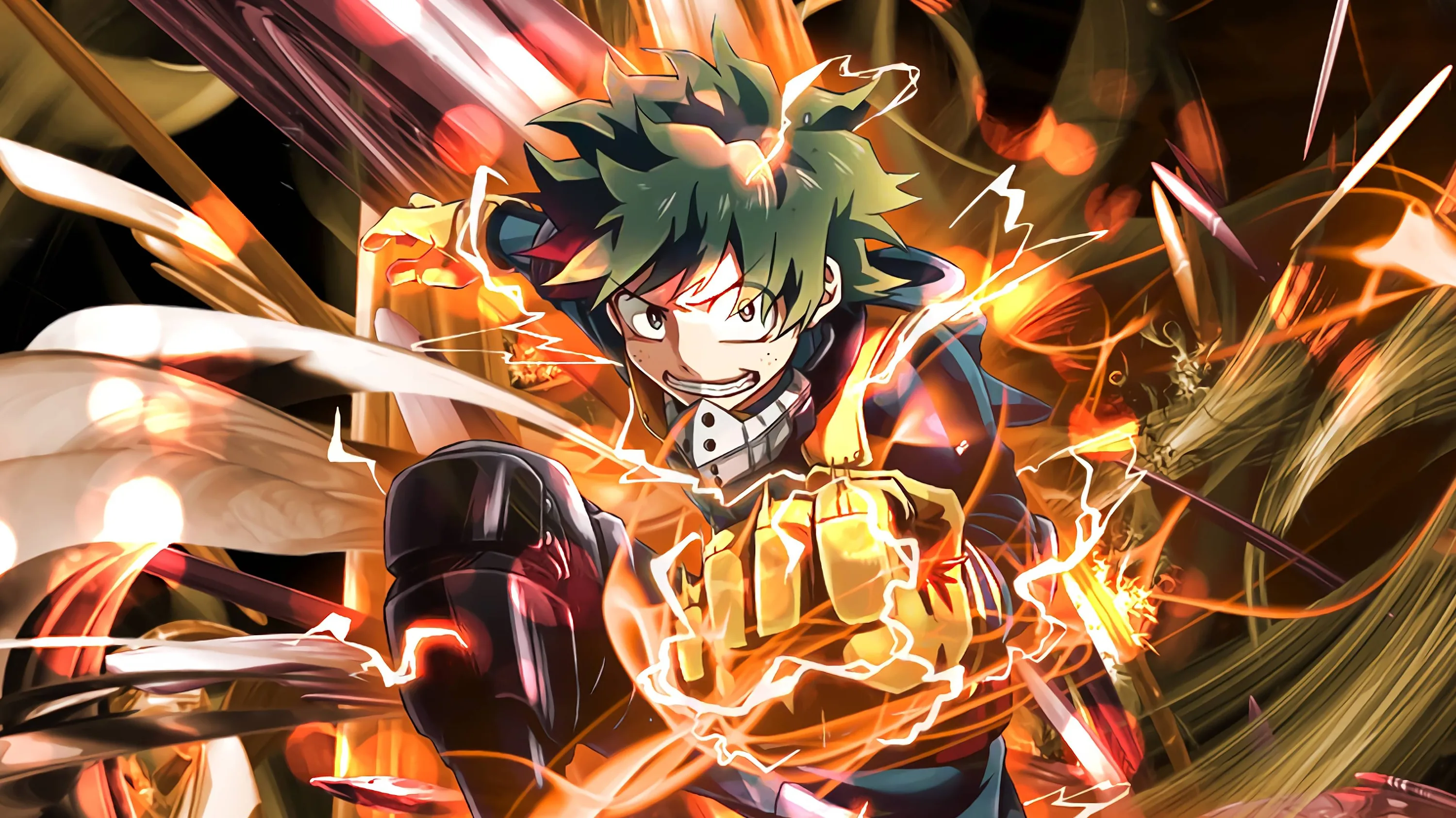 Izuku Midoriya snarls mid-attack, his gauntleted fist glowing yellow as orange lightning and debris whip around him in every direction.