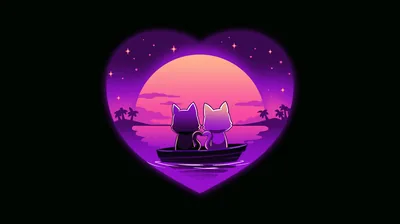 A heart-shaped window frames two cat silhouettes on a jetty under a violet sky, palms and stars behind them.