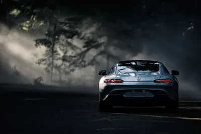 The Mercedes coupe faces away down a wet road, its tail lights dim against fog rolling through dark pines on both sides.