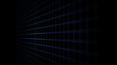 A wireframe grid runs off at a steep angle, its blue lines dimming until the right side of the frame is empty black.