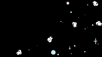 White crewmates drift across black space among small stars and a pink and blue planet, the left half kept almost empty.