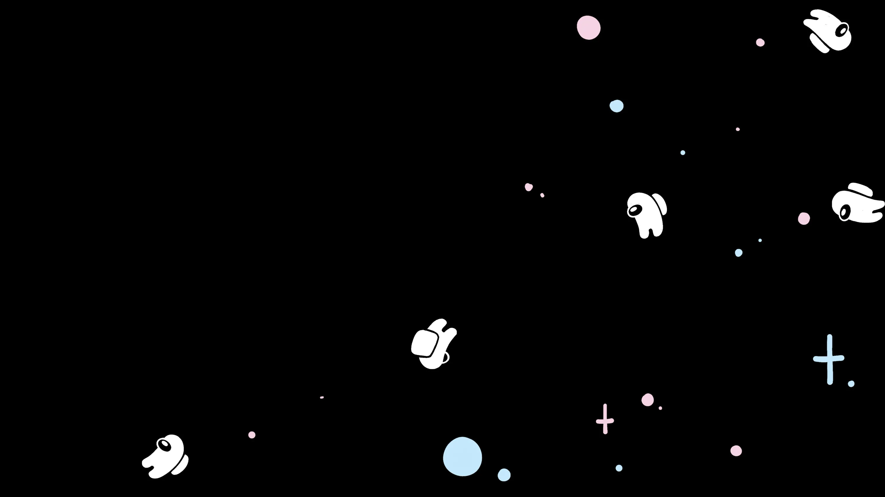 White crewmates drift across black space among small stars and a pink and blue planet, the left half kept almost empty.