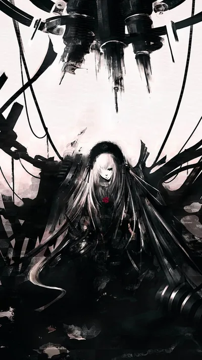 A long-haired figure kneels beneath a tangle of black cables and machinery, ink strokes scattering upward into a pale sky at the top of the frame.