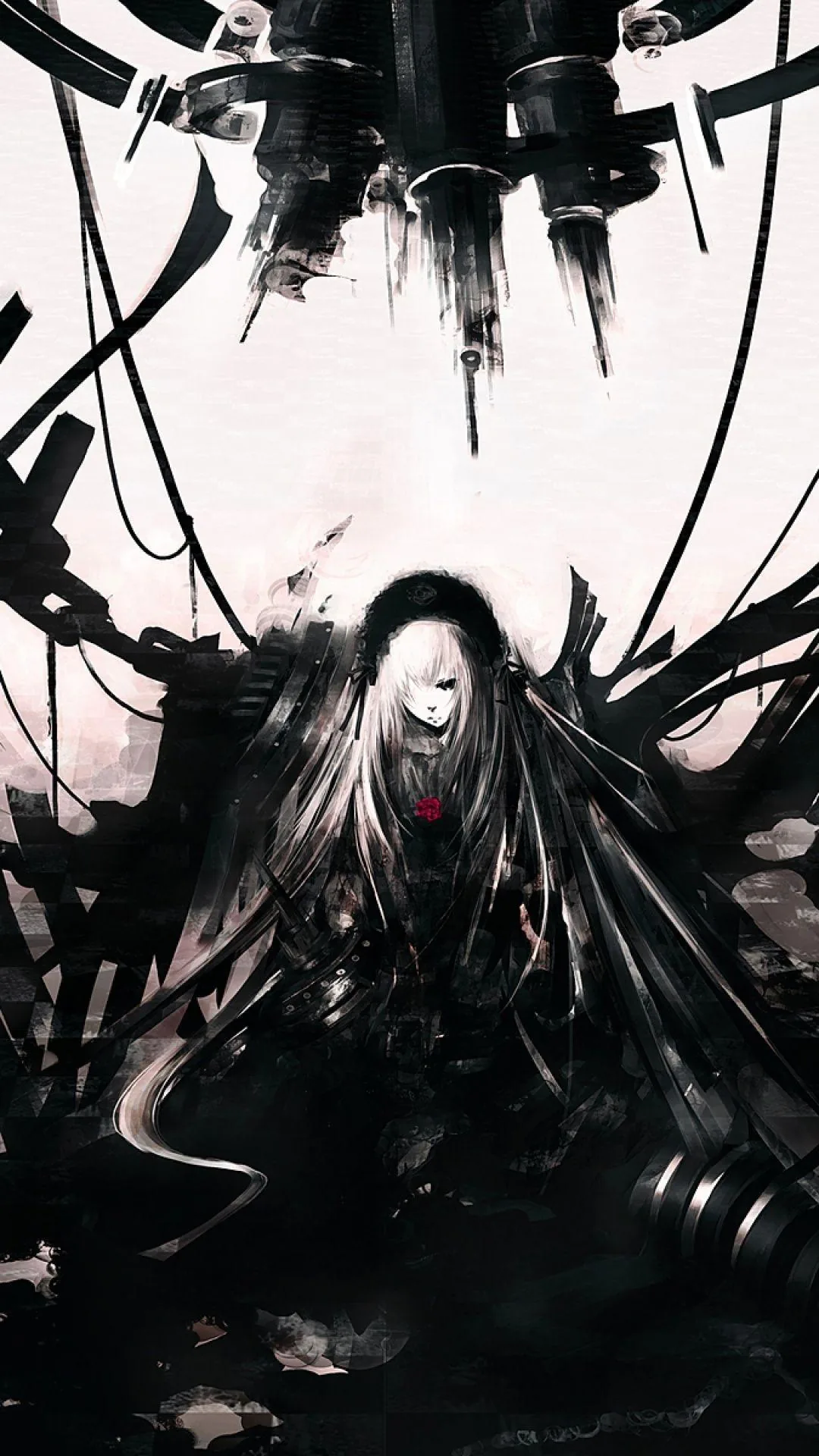 A long-haired figure kneels beneath a tangle of black cables and machinery, ink strokes scattering upward into a pale sky at the top of the frame.