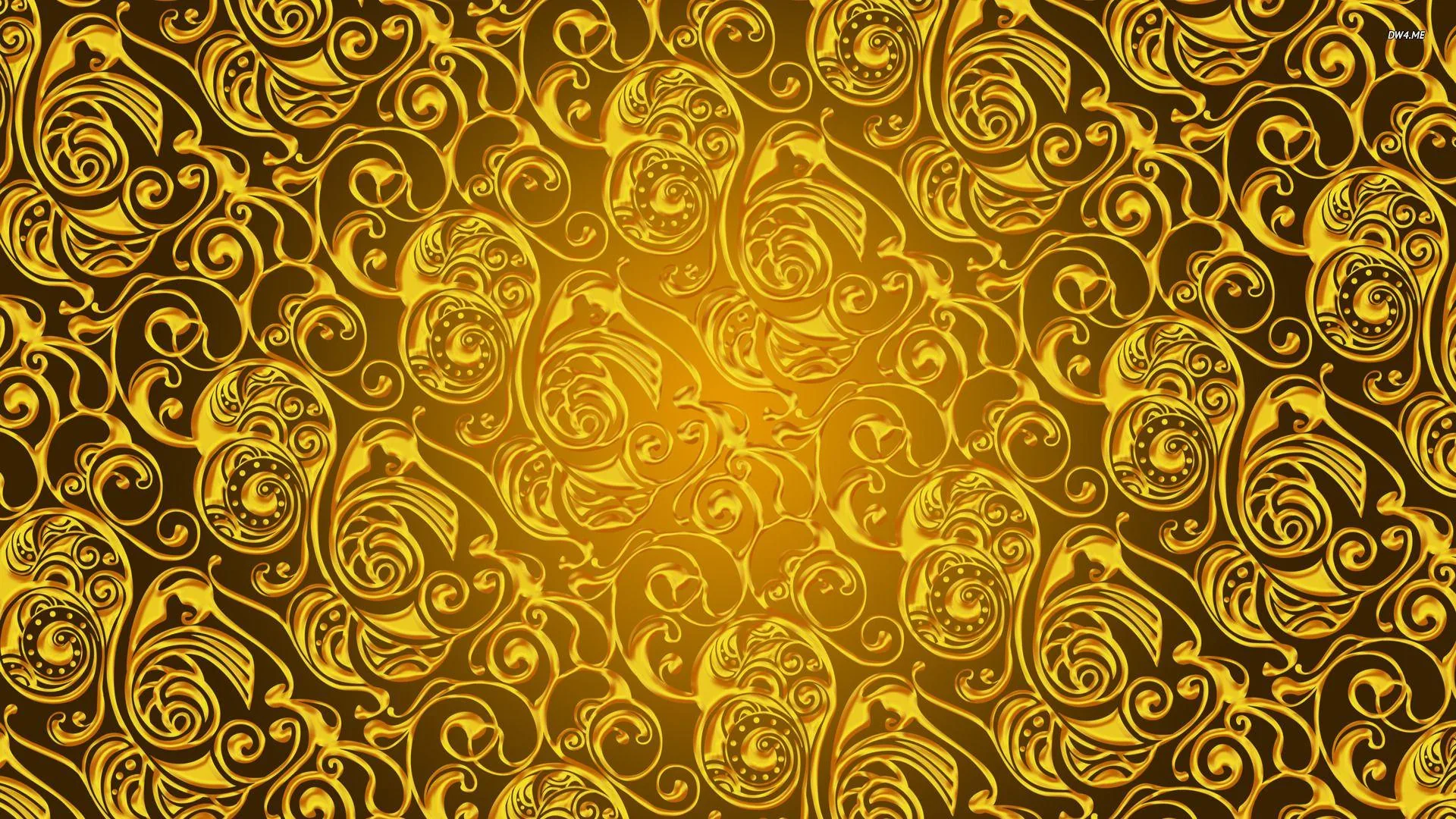 An ornamental damask of curling gold vines over a bronze ground, densest in the corners and opening slightly at the middle.
