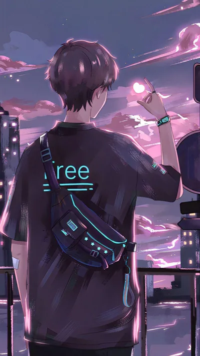 Seen from behind in a black tee and sling bag, an anime boy holds a small glowing light against a pink and violet evening sky.