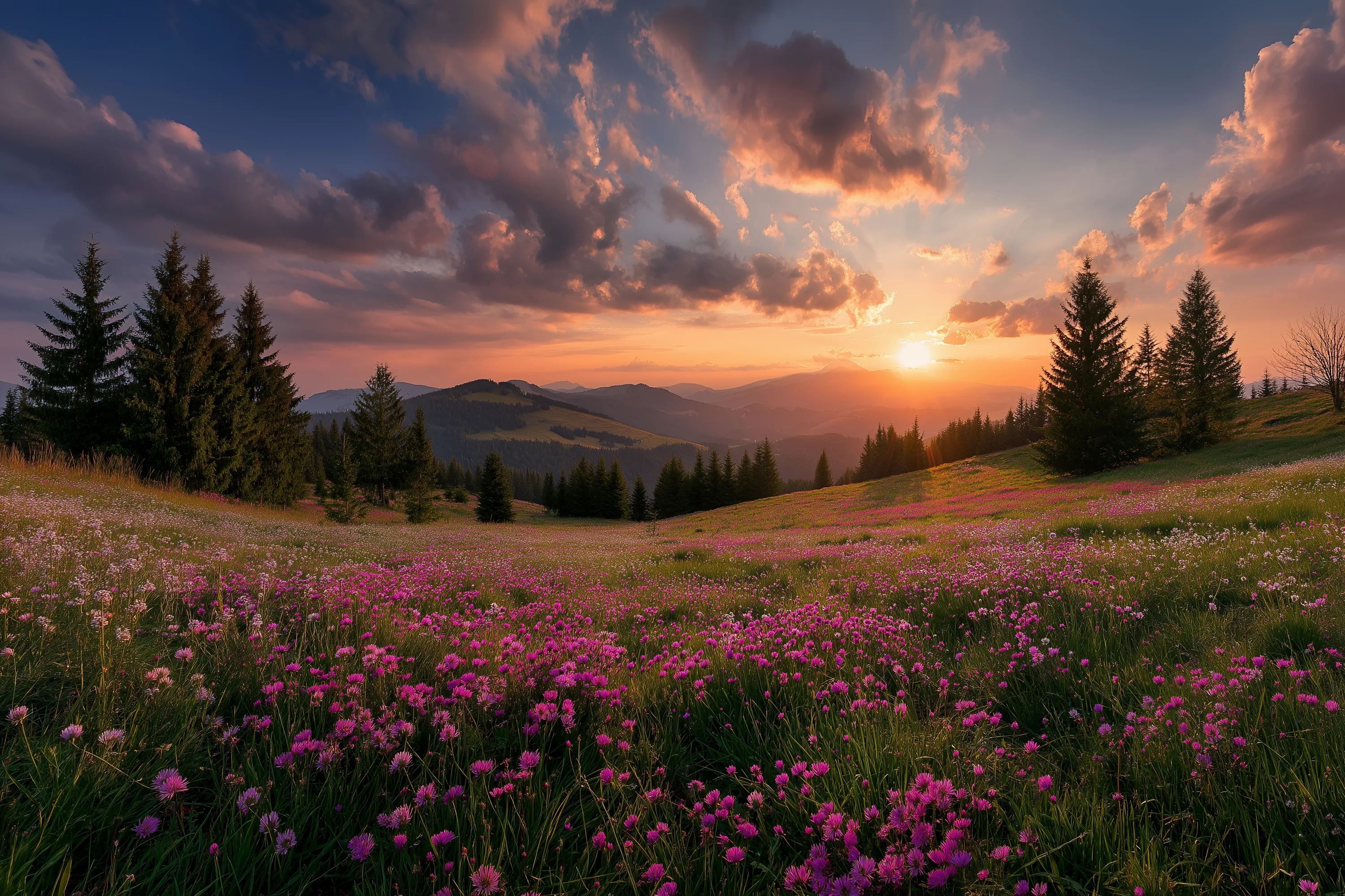 Pink clover blooms fill the lower third while the sun sets behind spruce-lined ridges; the clouded sky above leaves room for widgets on a desktop.