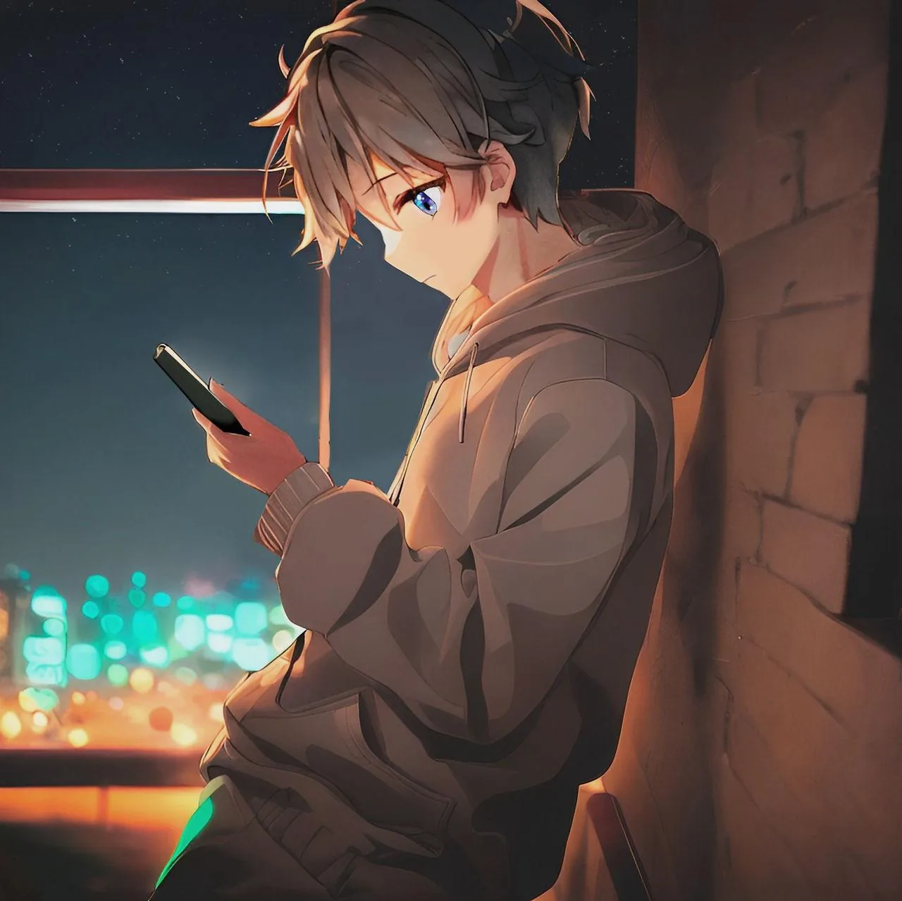 Leaning on a brick wall in a cream hoodie, he glances up from a phone screen with teal city bokeh through the glass behind him.