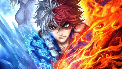 Shoto Todoroki of My Hero Academia glares ahead, ice crystallising up his left arm while orange flame swallows his right, the split running through his two-tone hair.