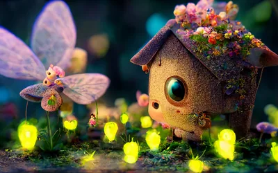 A pink-winged moth hovers beside a moss-covered birdhouse while lightbulb flowers glow along the ground, the whole frame busy with detail rather than empty space.