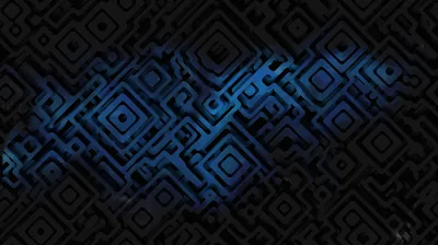 Embossed maze blocks of concentric squares sit in near-black charcoal, an electric blue glow breaking through left of top centre while the bottom third stays matte dark.