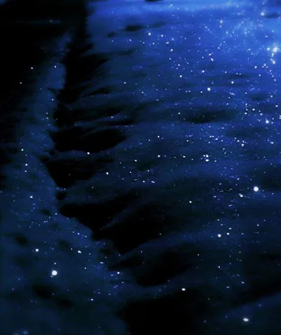Moonlit snow crust sparkles like a fallen star field, lit from the upper right, with a shadowed trench running down the left side in full black.