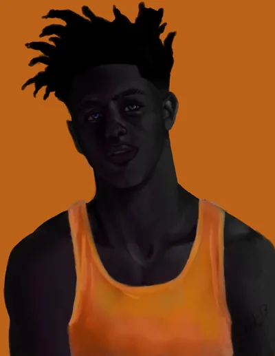 A digital painting of a boy with short twists in an orange tank top, painted flat against a matching orange backdrop.
