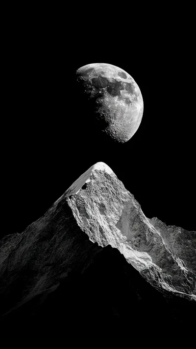 The moon floats just above a razor-edged summit, snow catching the only light against a solid black sky — a natural fit for tall phone screens.