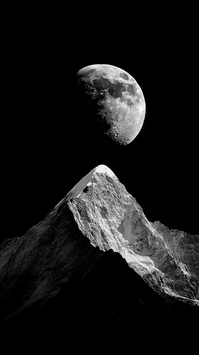 The moon floats just above a razor-edged summit, snow catching the only light against a solid black sky — a natural fit for tall phone screens.