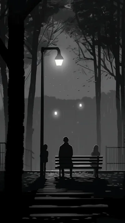 A lone figure sits on a bench in a foggy park, one street lamp glowing overhead and bare trees fading into grey monochrome behind.