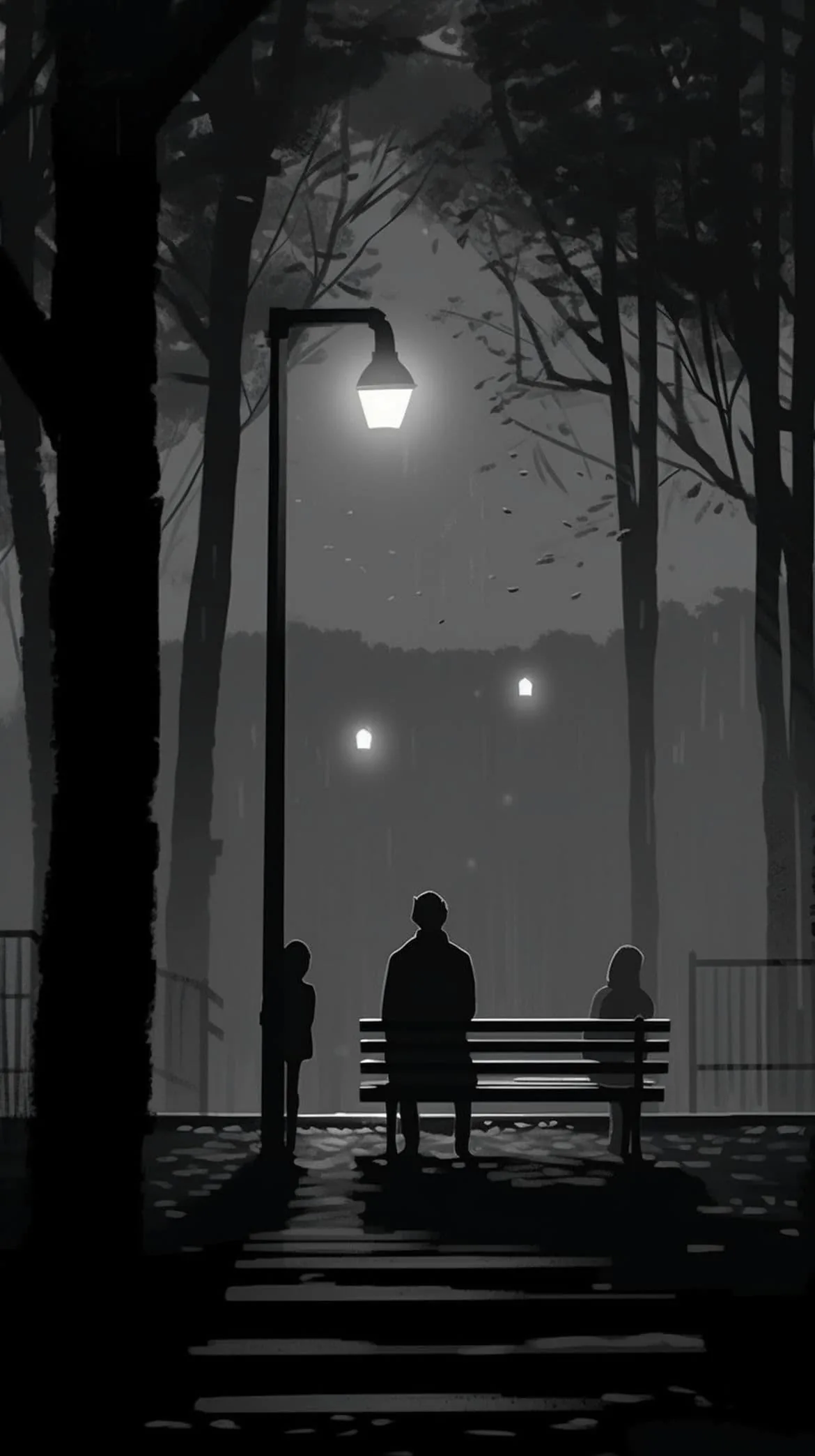 A lone figure sits on a bench in a foggy park, one street lamp glowing overhead and bare trees fading into grey monochrome behind.