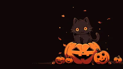 A flat-drawn black cat with round orange eyes sits atop a grinning carved pumpkin, small leaves drifting across a wide, mostly empty brown field.