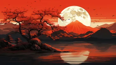 A full moon climbs behind a red mountain while a twisted pine leans in from the left, everything from sky to lake washed in shades of red.
