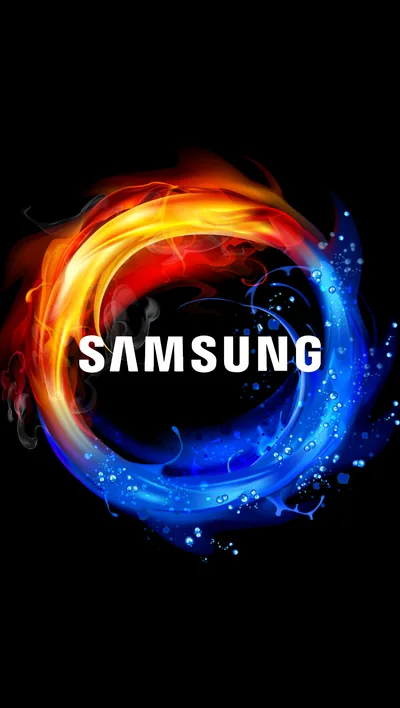 The white Samsung wordmark sits inside a ring of orange flame meeting blue sparks, every corner solid black and easy on AMOLED battery life.