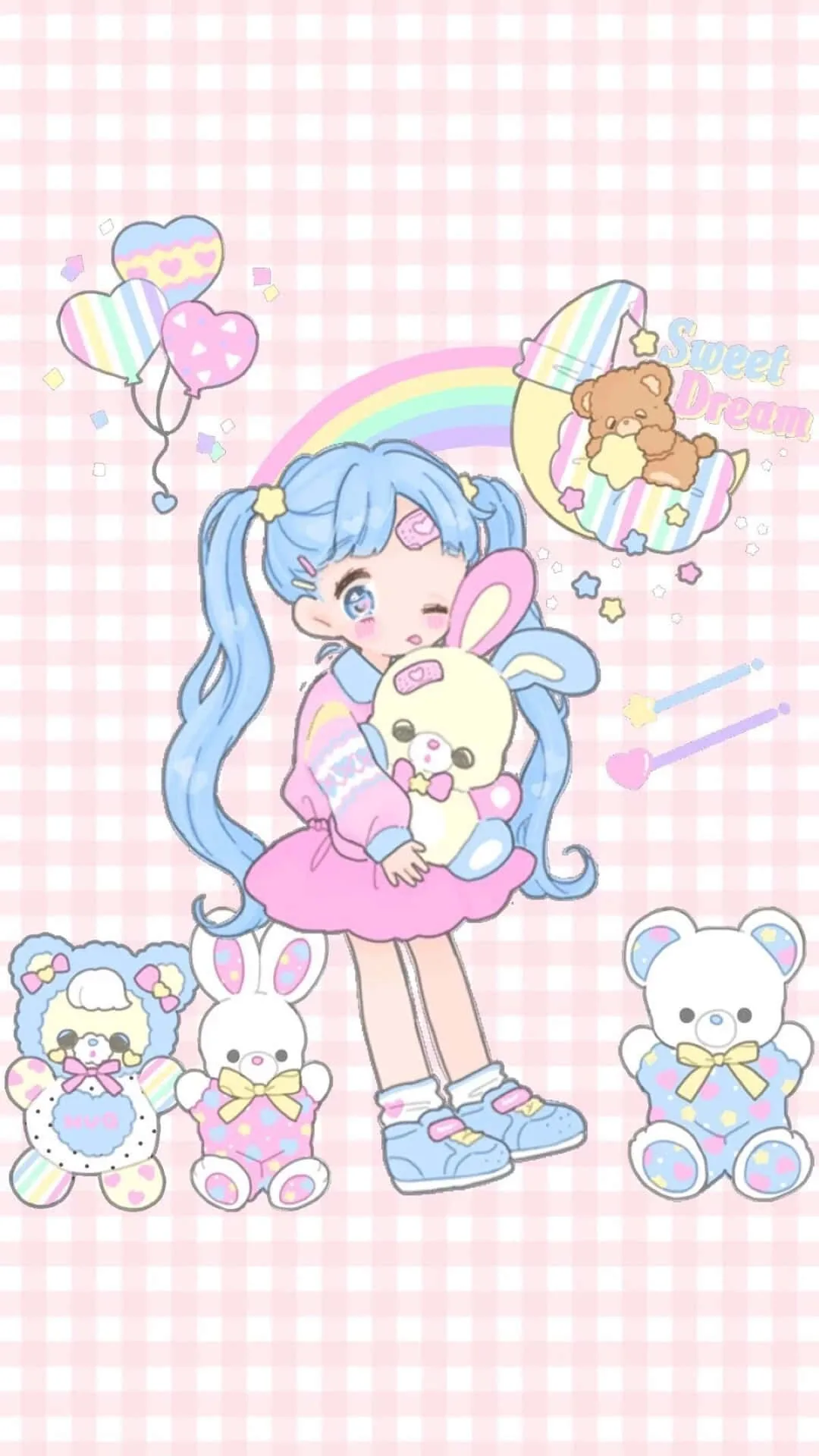 A blue haired girl hugs her rabbit doll among teddy bears, balloons and a rainbow on pink gingham, with art reaching every edge so widgets will overlap it.