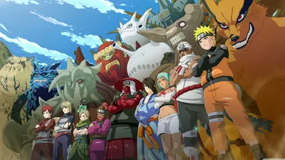 All nine jinchuriki stand in a row beneath their towering tailed beasts under a blue sky, Naruto and Kurama anchoring the right edge of the frame.