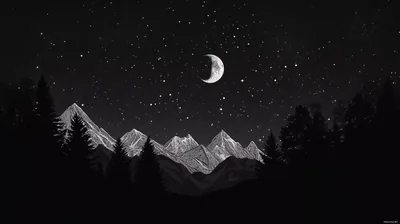 A thin crescent hangs in a star-dense sky above pencil-drawn snow peaks, black pine silhouettes closing in from both sides.
