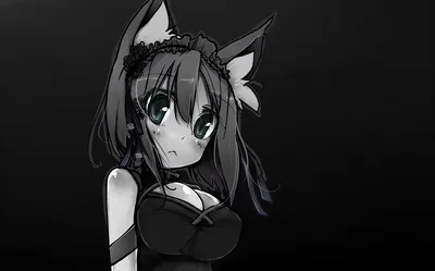 A cat-eared girl in a lace headband leans in from the right, drawn in greyscale so only her pale eyes lift out of the dark gradient.