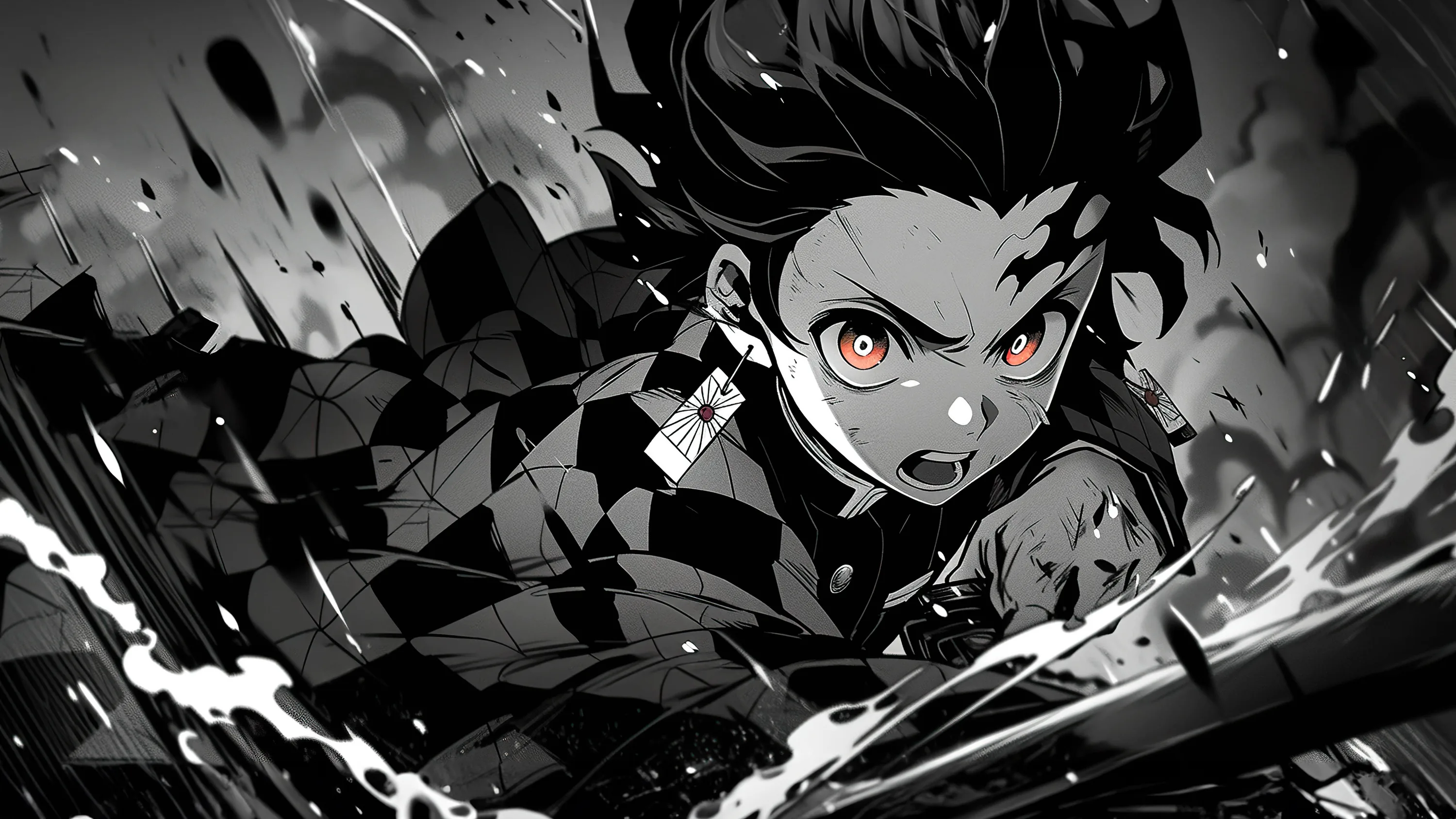 Grey checkered haori and a raised blade, water spray breaking across the lower half — only the eyes carry any warmth.
