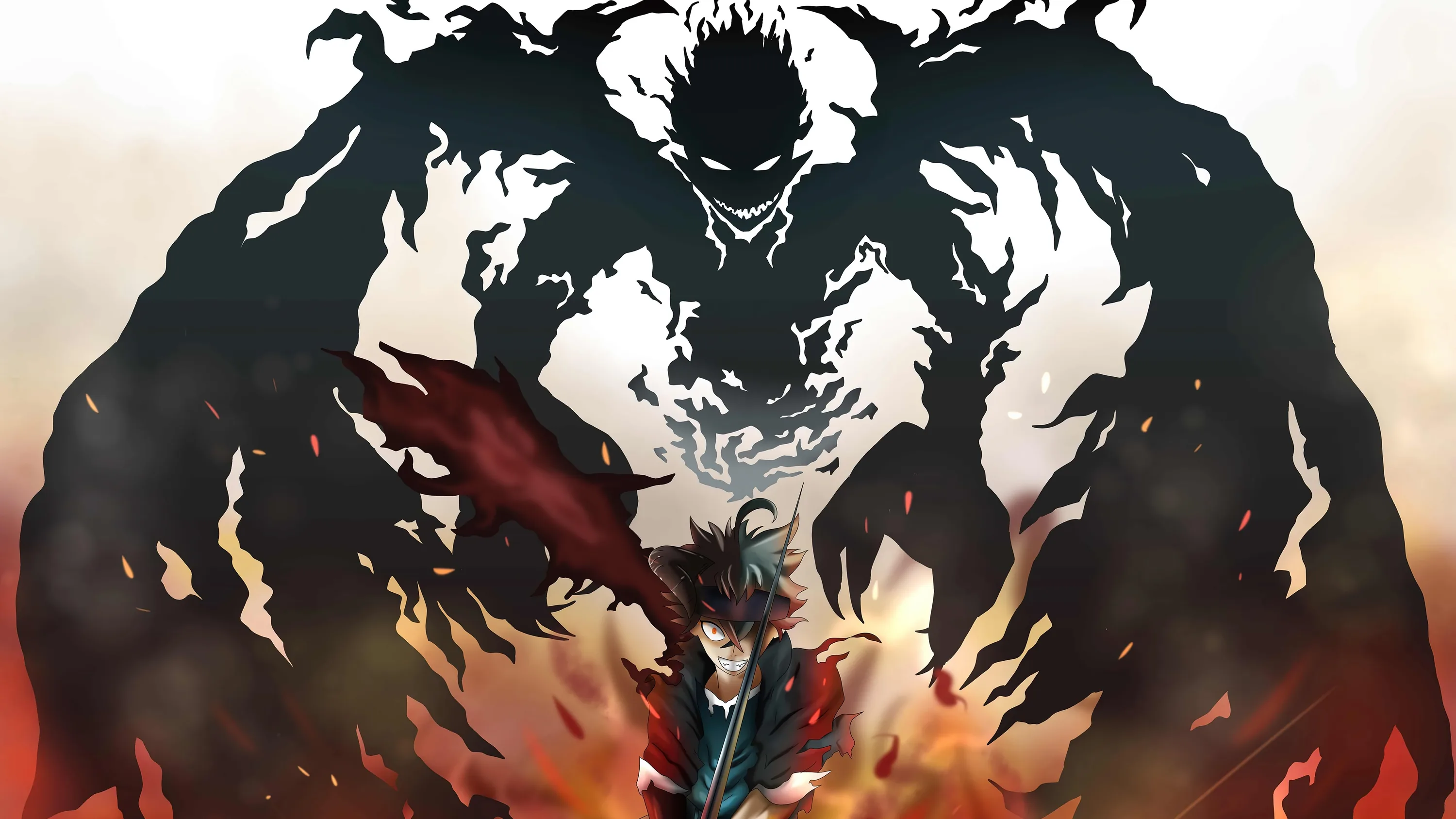 A jagged black demon silhouette fills the pale sky above a small red-bladed fighter, fire spreading along the bottom while both top corners stay light.