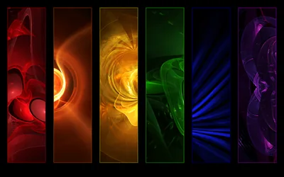 Six vertical strips line up on black, each holding its own glowing abstract in red, gold, green, blue, or purple, like a shelf of lit panels.