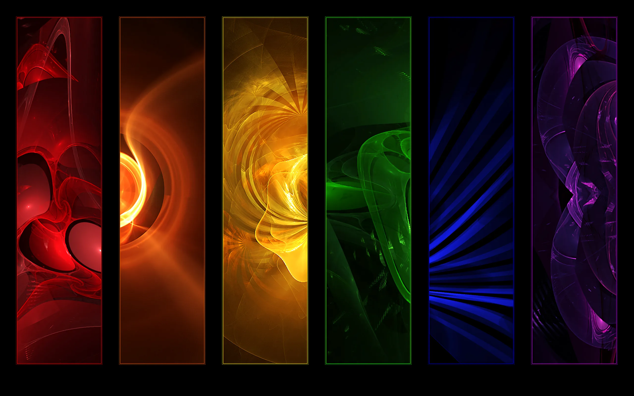Six vertical strips line up on black, each holding its own glowing abstract in red, gold, green, blue, or purple, like a shelf of lit panels.