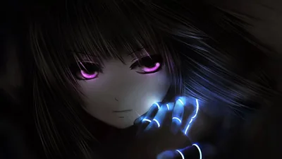 Violet eyes stare from under heavy dark hair while a hand lifts into frame, the fingertips outlined in electric blue light.