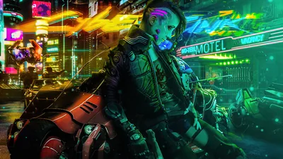 A mohawked rider in a studded jacket straddles her red bike outside a motel, yellow graffiti strokes cutting across the skyline, the green sign lighting her from the right.