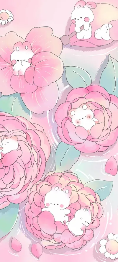 White rabbits doze curled inside oversized pink camellia blooms that fill the frame corner to corner, leaving no plain area for a clock.