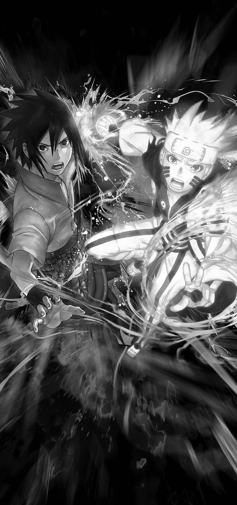 Two rivals slam their techniques together in a tall greyscale crop, the impact throwing sparks and shockwave lines out to both edges.