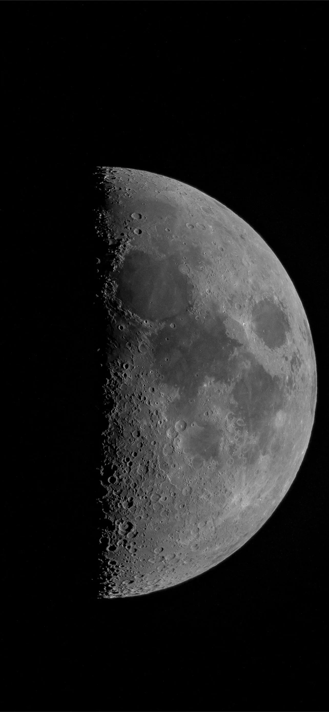 The moon caught at first quarter against solid black, craters along the terminator throwing long shadows while the right limb stays smooth.