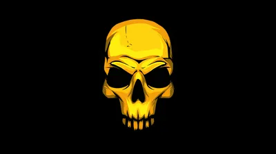 A smooth gold skull rendered in 3D, its highlights running down the crown, centred on a black field with plenty of empty space around it.