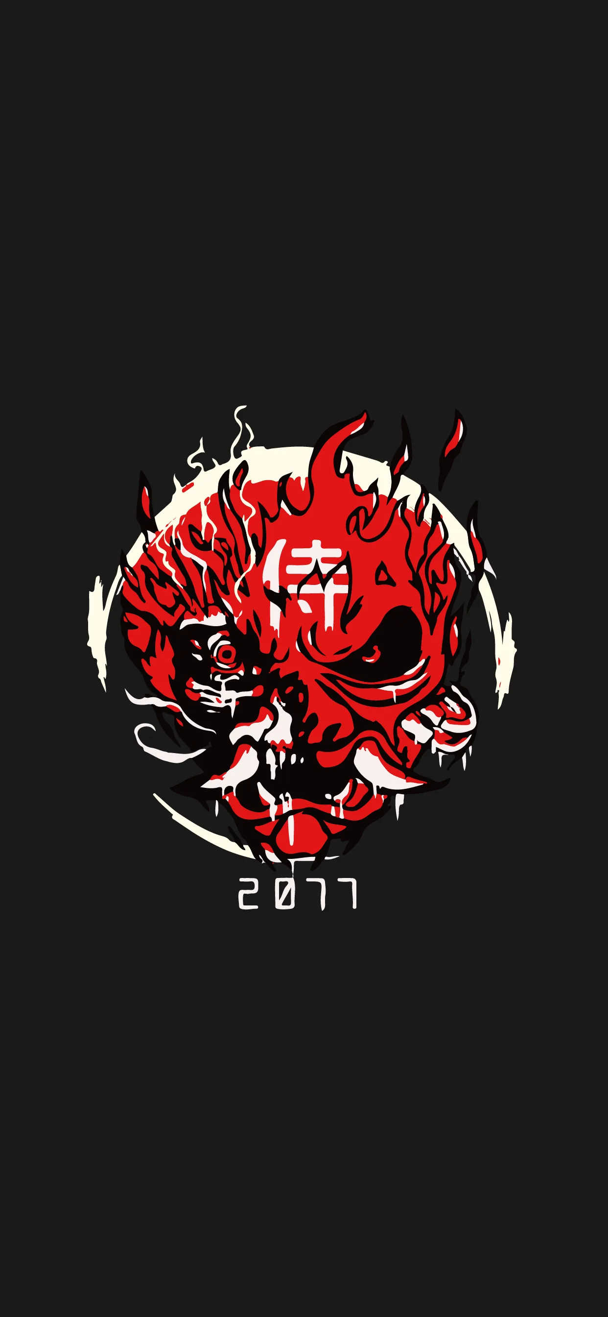 The flaming red demon crest from Cyberpunk 2077 floats at mid-height on a true black field, ideal for OLED lock screens with everything else unlit.