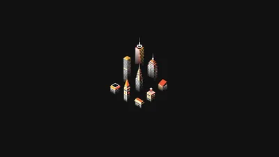 A tight cluster of isometric pixel skyscrapers and low blocks floats in the middle of solid black, a single red building breaking the warm grey palette.