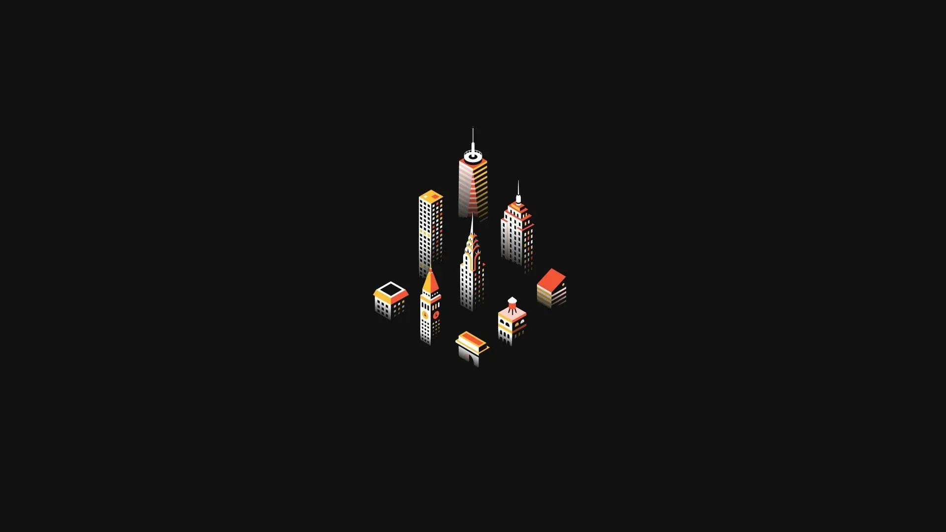 A tight cluster of isometric pixel skyscrapers and low blocks floats in the middle of solid black, a single red building breaking the warm grey palette.