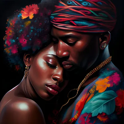 An oil-style portrait of a couple with eyes closed, flowers packed into her hair and a red striped headwrap and floral jacket on him, the background left in flat black.