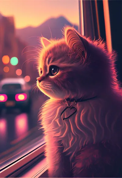 A fluffy kitten on a windowsill watches traffic lights blur in the pink dusk, the darker window frame on the right holding white text well.