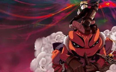 Naruto perches on the head of a giant armoured toad, pipe smoke curling into clouds while rainbow chakra streaks cut across the dark red backdrop.