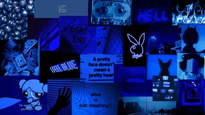 A desktop grid of royal-blue clippings — a cassette, cartoon stills, flame graphics, and text cards — every tile washed in the same saturated blue.