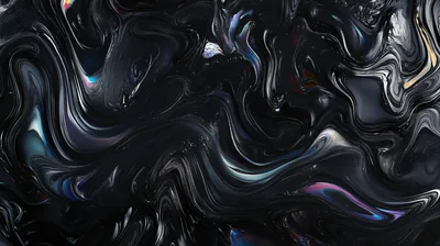 Poured dark paint swirls with streaks of blue, violet and silver, the surface glossy enough to mirror the light along each curl.